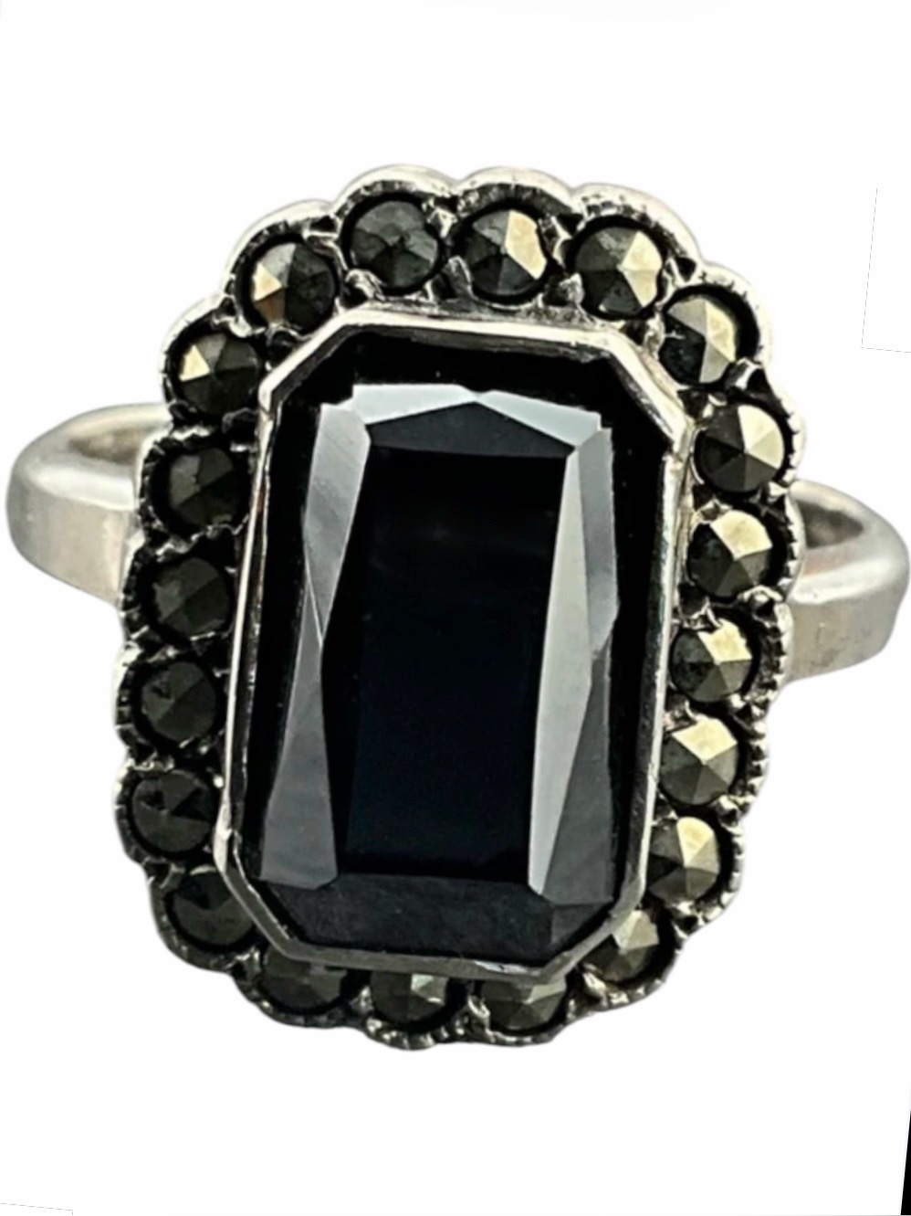 Vintage 1930’s Art Deco Solitaire Hematite Marcasite Halo Sterling Silver Ring